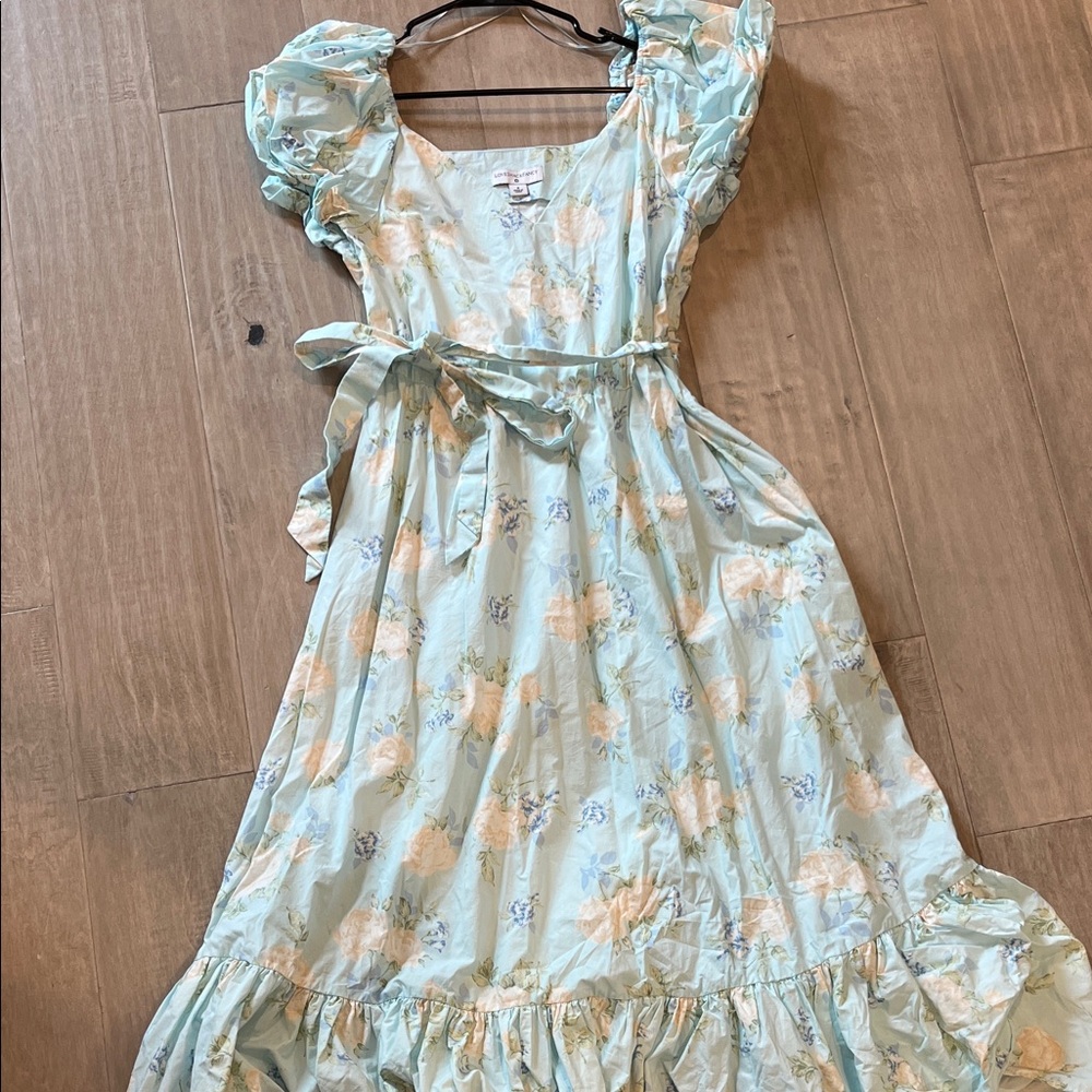 Love shack fancy Light Blue Floral Puff-Sleeve Dress with Waist Tie